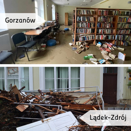 zdjęcia przedstawiające zniszczenia bibliotek w wyniku pwoodzi, błtot na podłodze, rozrzucone mokre książki, drzwi i popodziowe śmieci